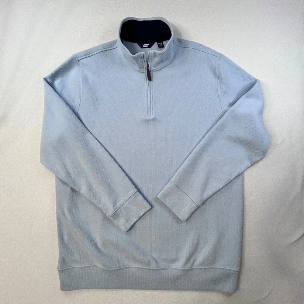 Lands End Mens XL Tall Light Blue Ribbed Quarter Zip Pullover Sweater Mock Neck